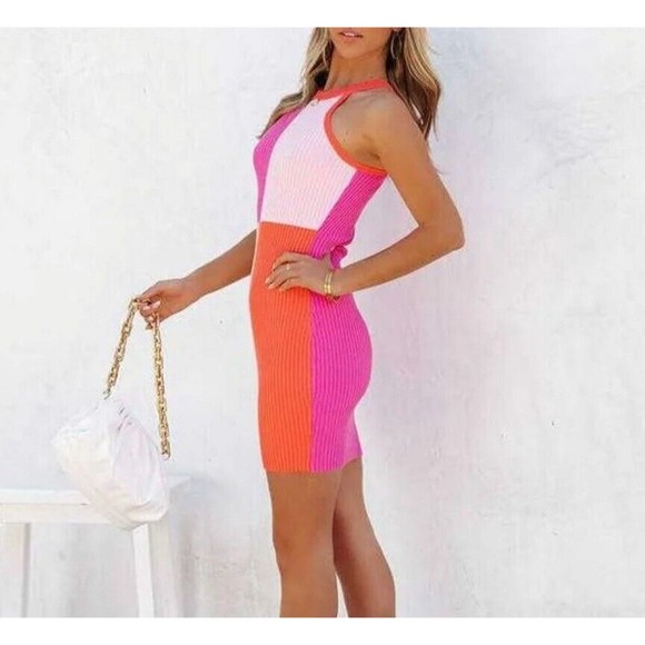 YIWEI Colorblock Ribbed Bodycon Mini Dress S Tank Sleeveless Stretch Crew Neck - Picture 1 of 11